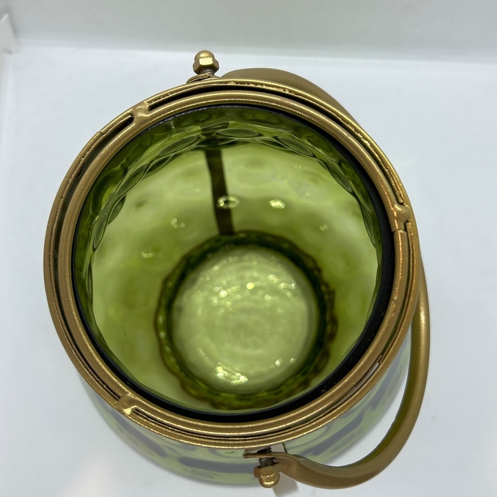 Green Glass With Gold Metal Handle Candle Holder 11” Decor - Picture 5 of 9